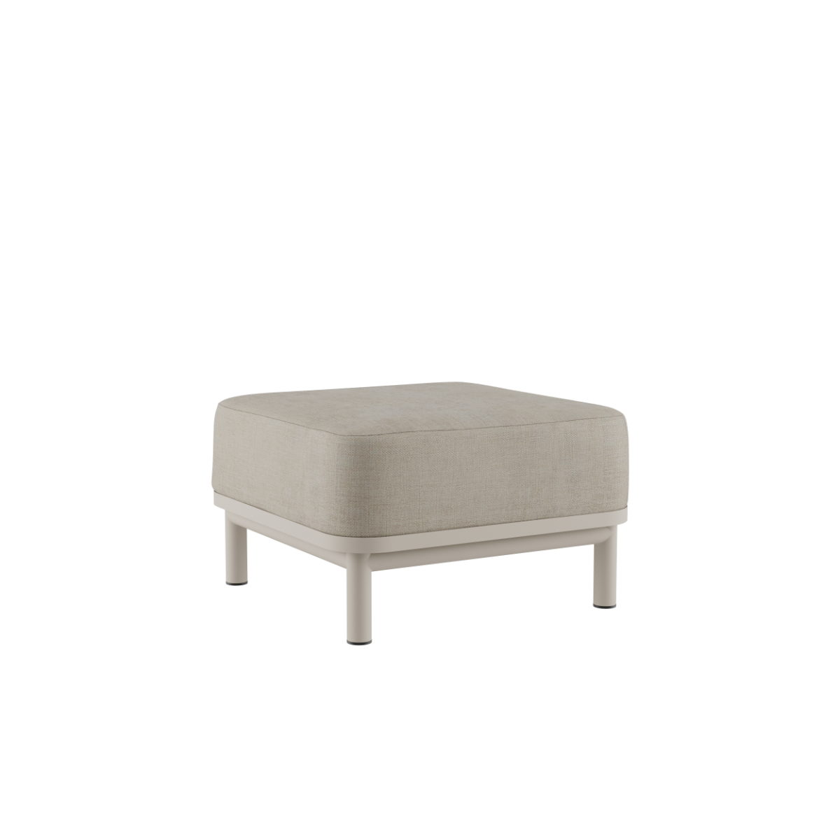 Kirra Lounge Sofa pouf i sandfarget olefin-tekstil med aluminiumsramme for utendørs bruk.