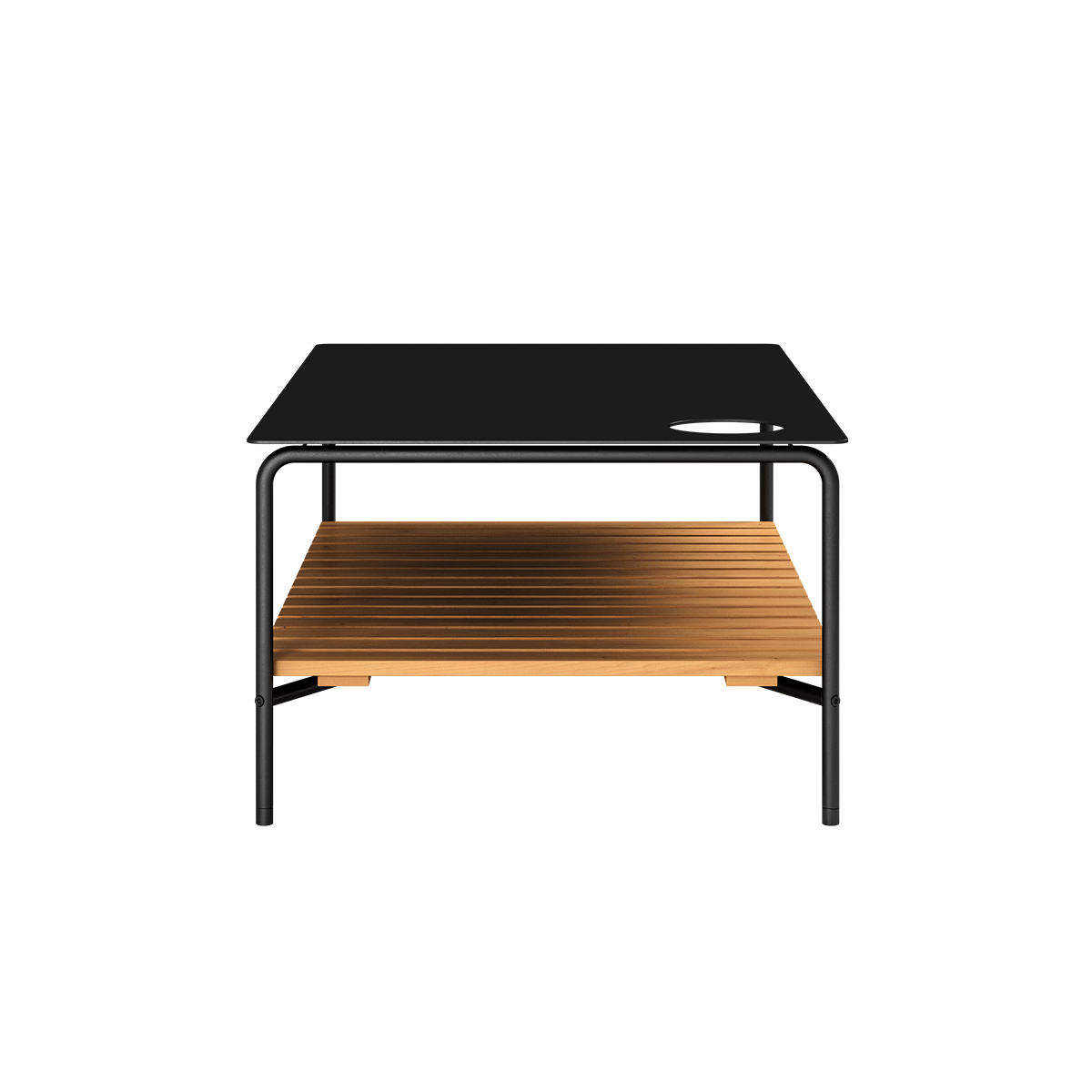 Patio Sofa Table i sort pulverlakkert aluminium med teak bordplate, 113x70 cm, uten accessory fit.