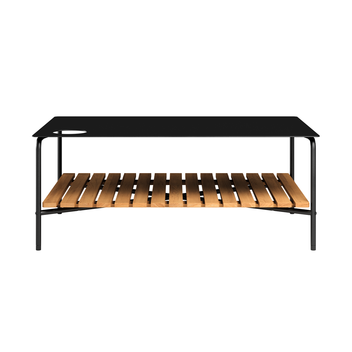 Utendørs sofabord i sort pulverlakkert aluminium med teak bordplate, 113x70 cm, uten accessory fit.