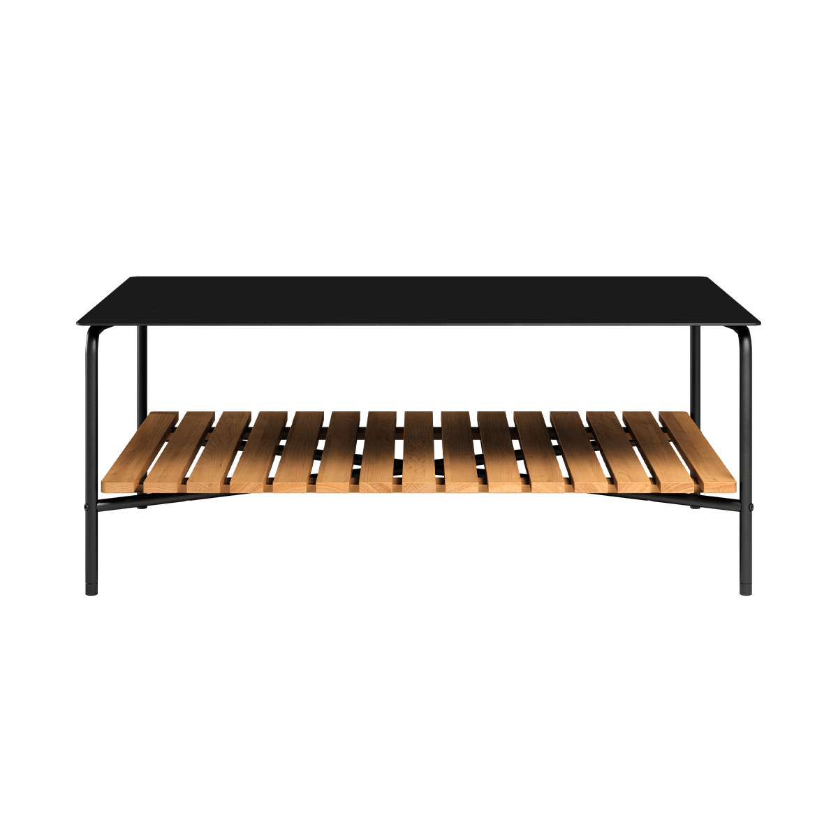 Utendørs sofabord i sort pulverlakkert aluminium med teak bordplate, 113x70 cm, dansk design.