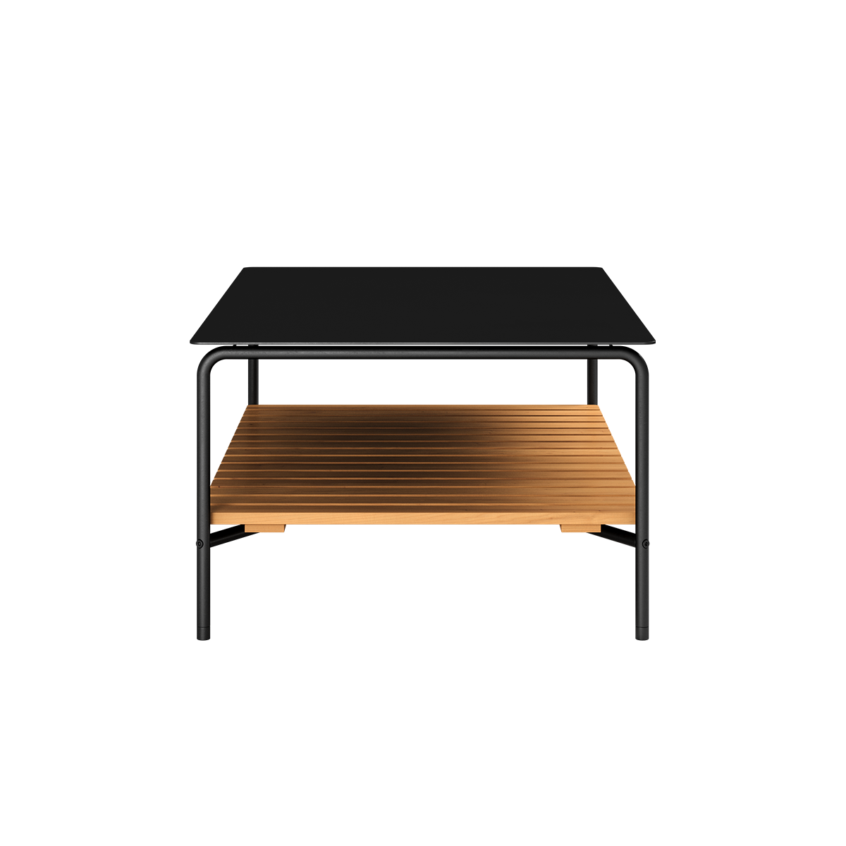 Utendørs sofabord i sort pulverlakkert aluminium med teak bordplate, 113x70 cm, dansk design.