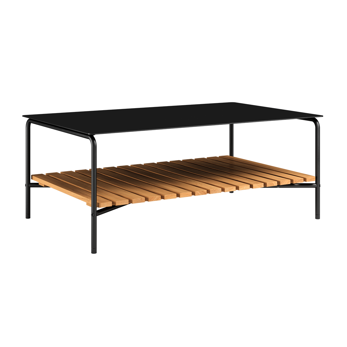 Utendørs sofabord i sort pulverlakkert aluminium med teak bordplate, 113x70 cm, uten accessory fit.