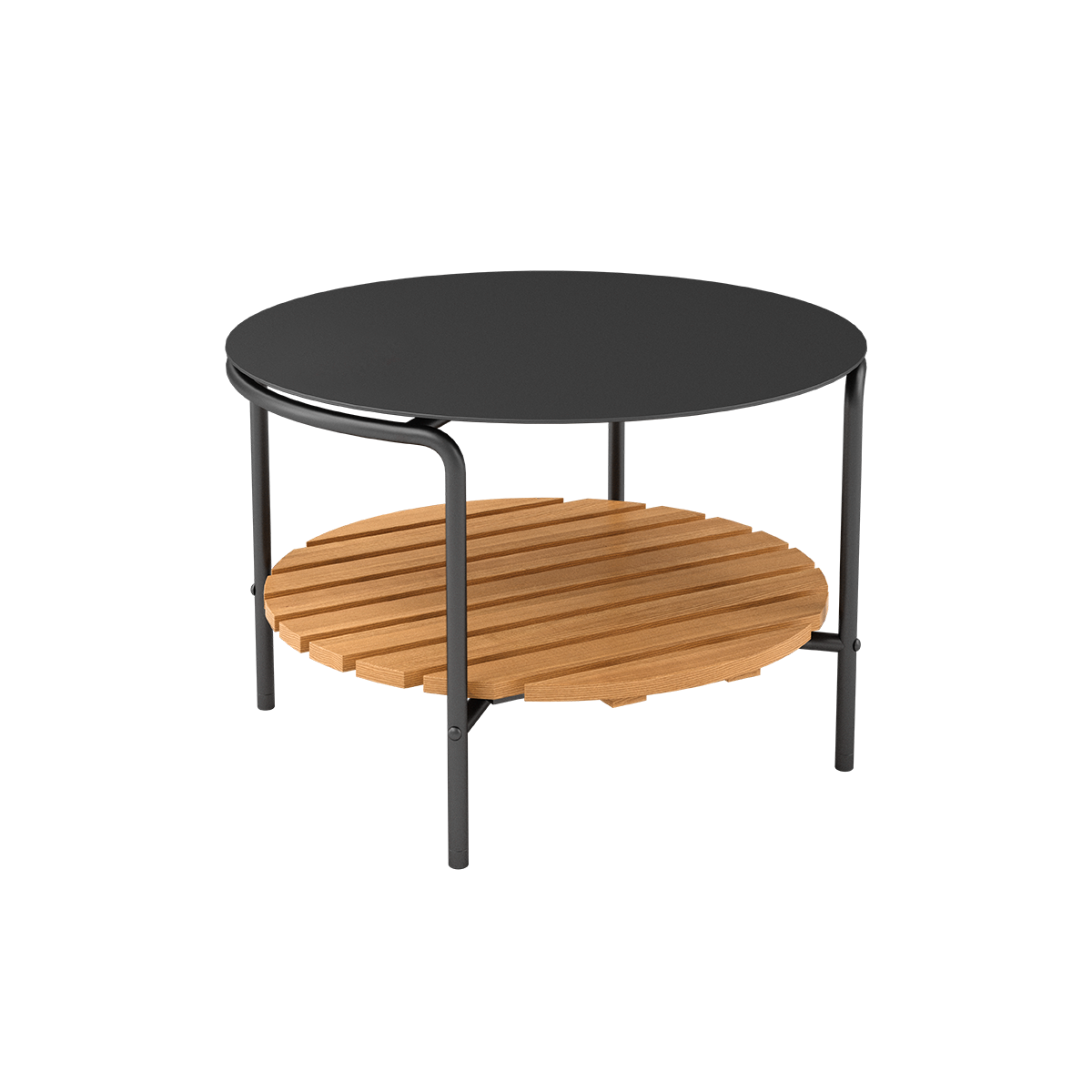 Rundt utendørs sofabord i sort pulverlakkert aluminium med teak bordplate, 70 cm diameter.
