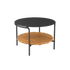 Rundt utendørs sofabord i sort pulverlakkert aluminium med teak bordplate, 70 cm diameter.