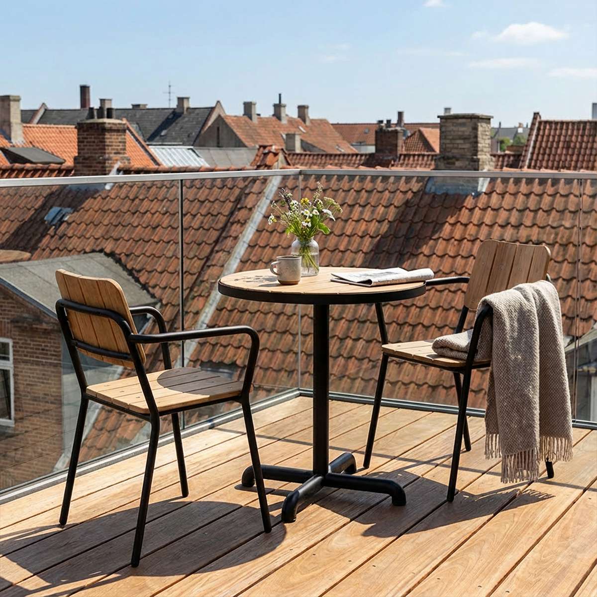 Kirra Café Table utendørs bord i pulverlakkert aluminium med ubehandlet teakplate, rundt design.