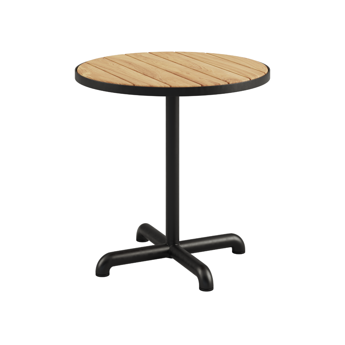 Kirra Café Table i pulverlakkert aluminium med ubehandlet teaktre i fargen Noir, rundt utendørsbord.