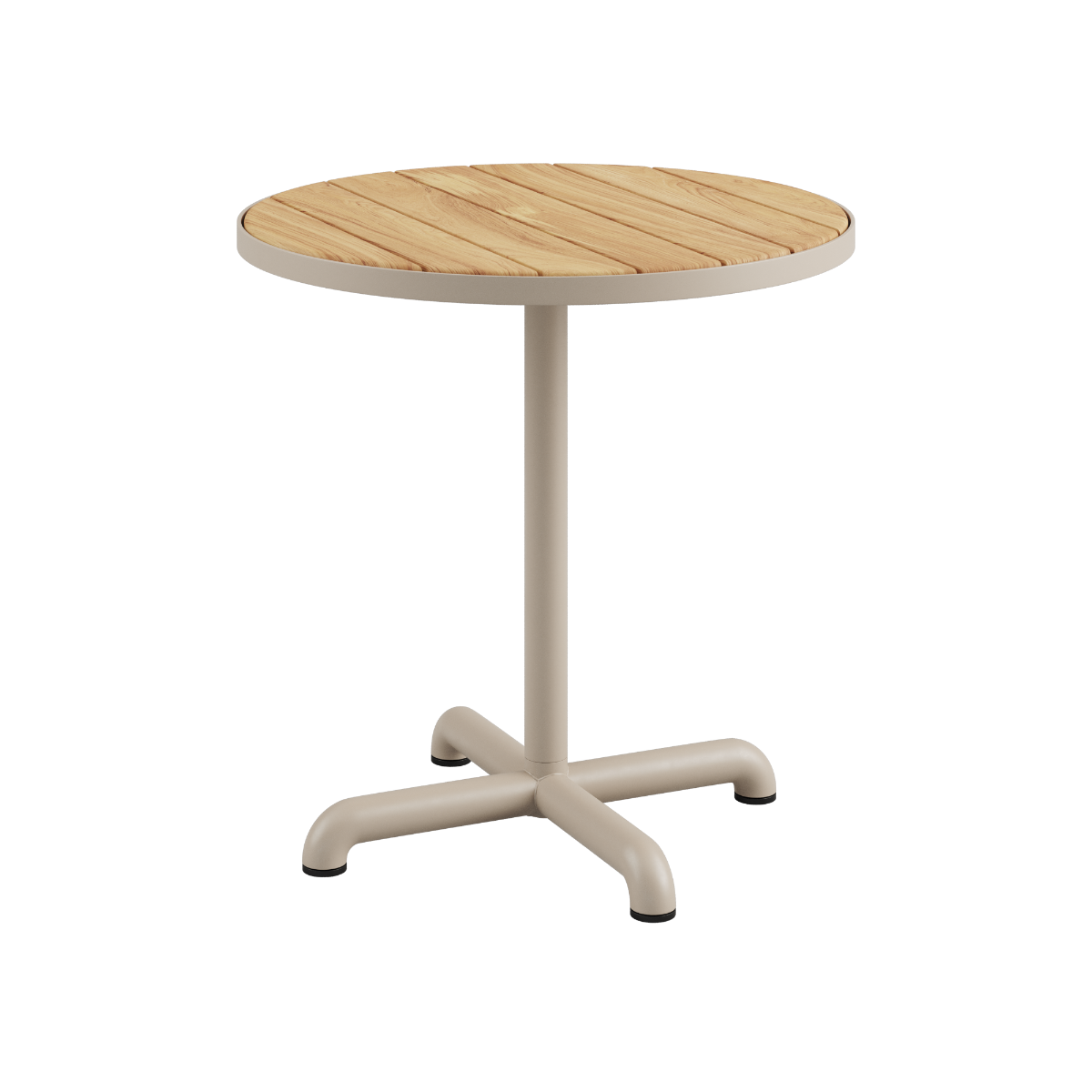 Kirra Café Table utendørs spisebord i pulverlakkert aluminium med taupe teakplate, rund form.