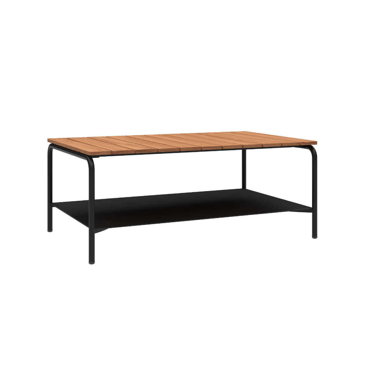 Patio Coffee Table i svart pulverlakkert aluminium med teak bordplate, 110x70 cm, uten accessory fit.