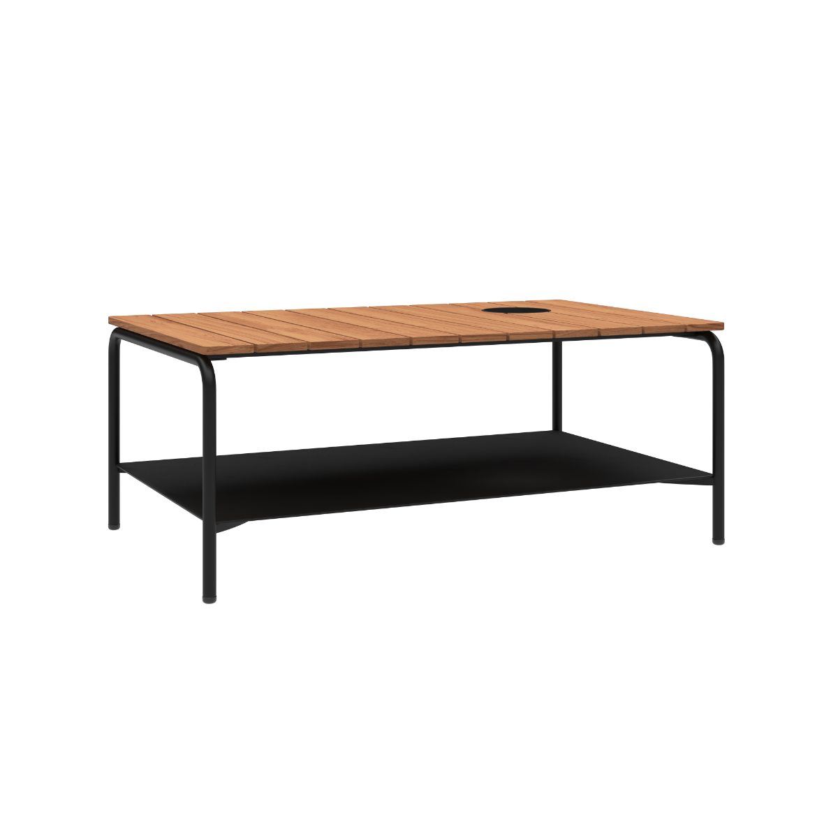Patio Coffee Table 110x70 i pulverlakkert aluminium med teak bordplate og Accessory Fit, utendørs sofabord