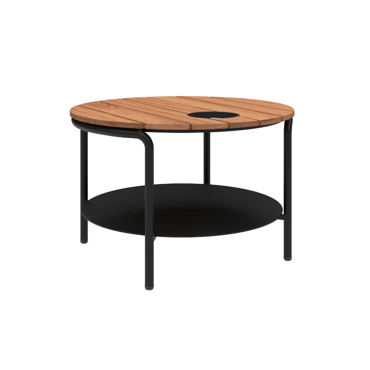 Rundt Patio Coffee Table i svart pulverlakkert aluminium med teak bordplate og Accessory Fit.