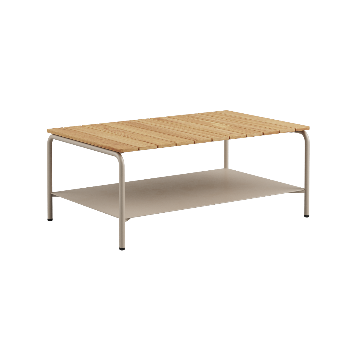 Patio Coffee Table i taupe pulverlakkert aluminium med teak bordplate, 110x70 cm, utendørs sofabord.