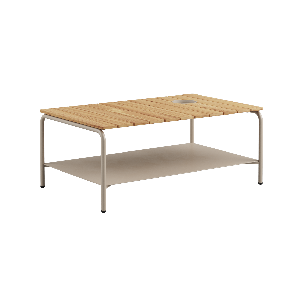 Taupe Patio Coffee Table 110x70 with teak top and powder-coated aluminum frame, outdoor setting.