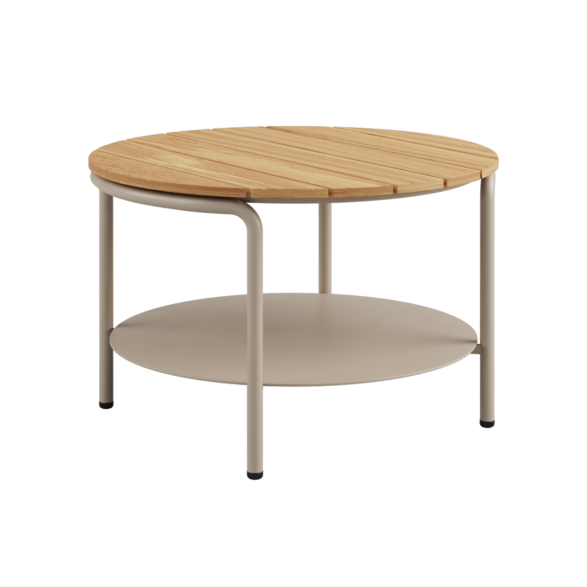 Rundt utesofabord i taupe pulverlakkert aluminium med teak bordplate, Ø70 cm.
