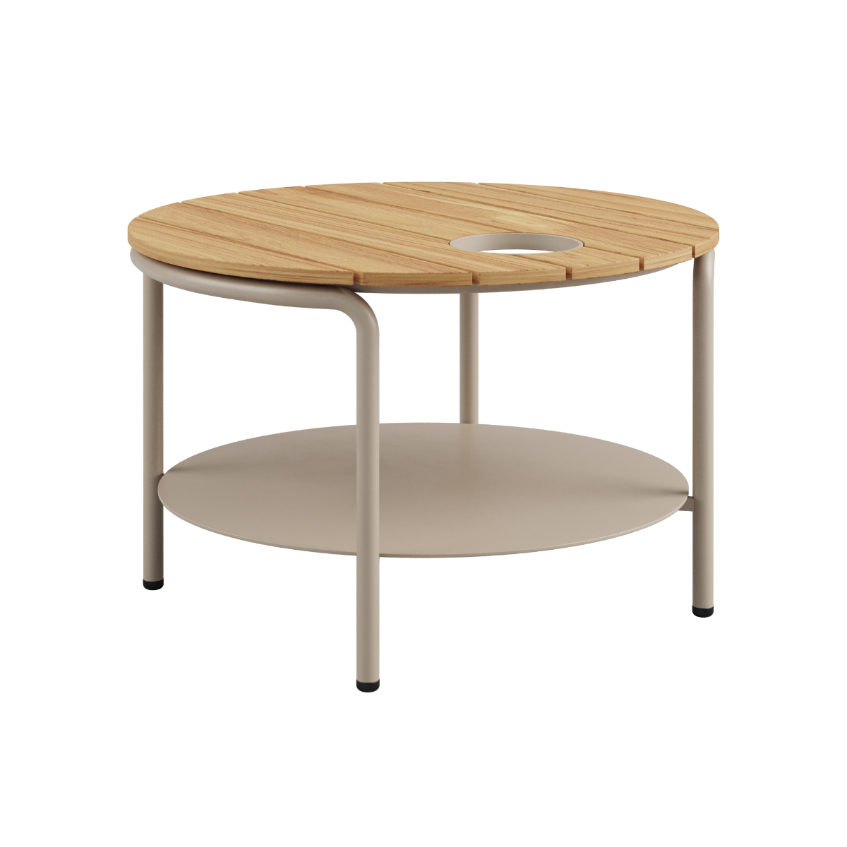 Patio Coffee Table Ø70 i taupe pulverlakkert aluminium med teak bordplate og Accessory Fit.