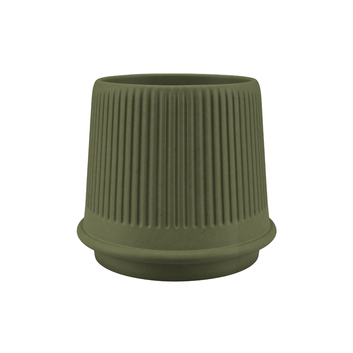 Olive ceramic Gaia 23 outdoor pot with matte, ribbed surface and drainage hole.