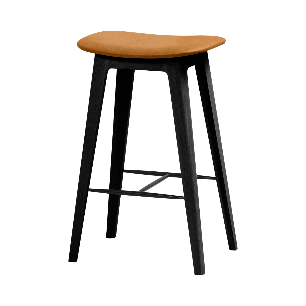 Nordic Bar Stool 68 cm in black stained oak with Luna Sandstone leather seat and steel footrest.