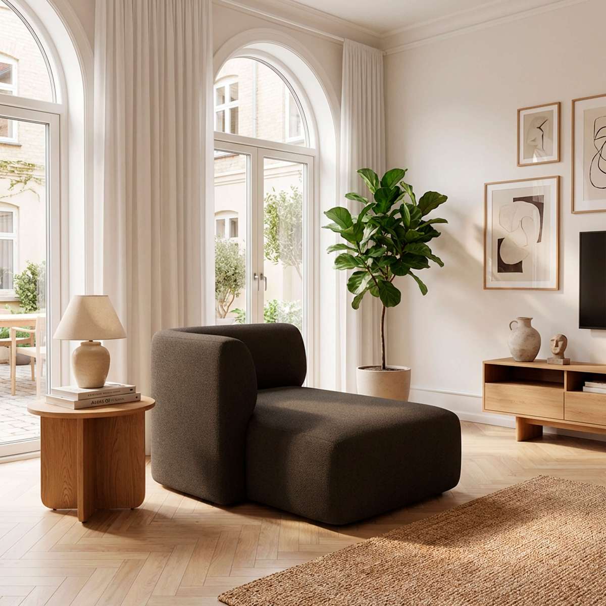 Fjord Sofa med høyre chaiselong i brun Sealife tekstil med myke linjer og skandinavisk design.