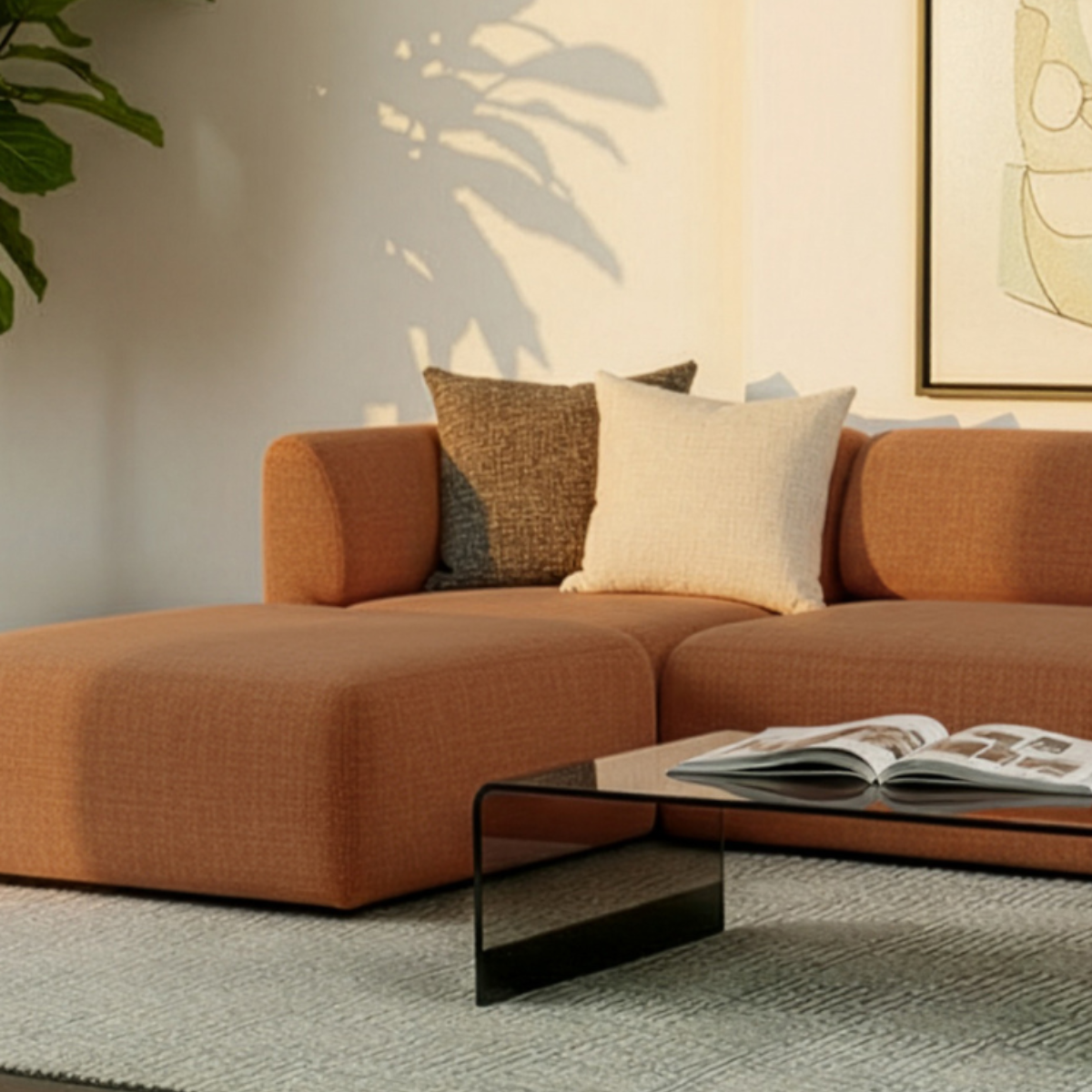Fjord Sofa pouf i myk terracottafarget tekstil med avrundede kanter og skandinavisk design.