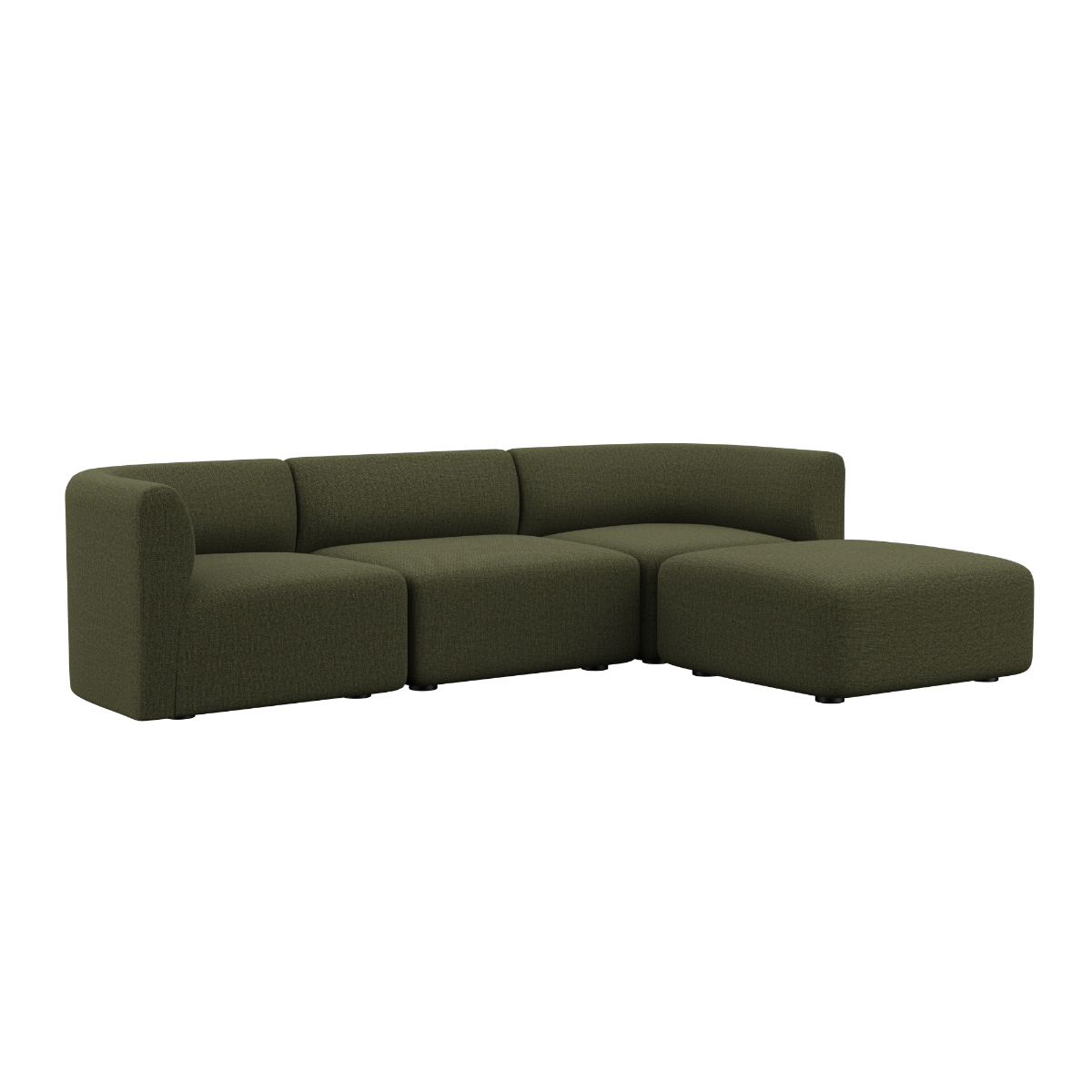 Fjord Sofa 3-seter i olivengrønt stoff med puff i samme farge, moderne skandinavisk design.