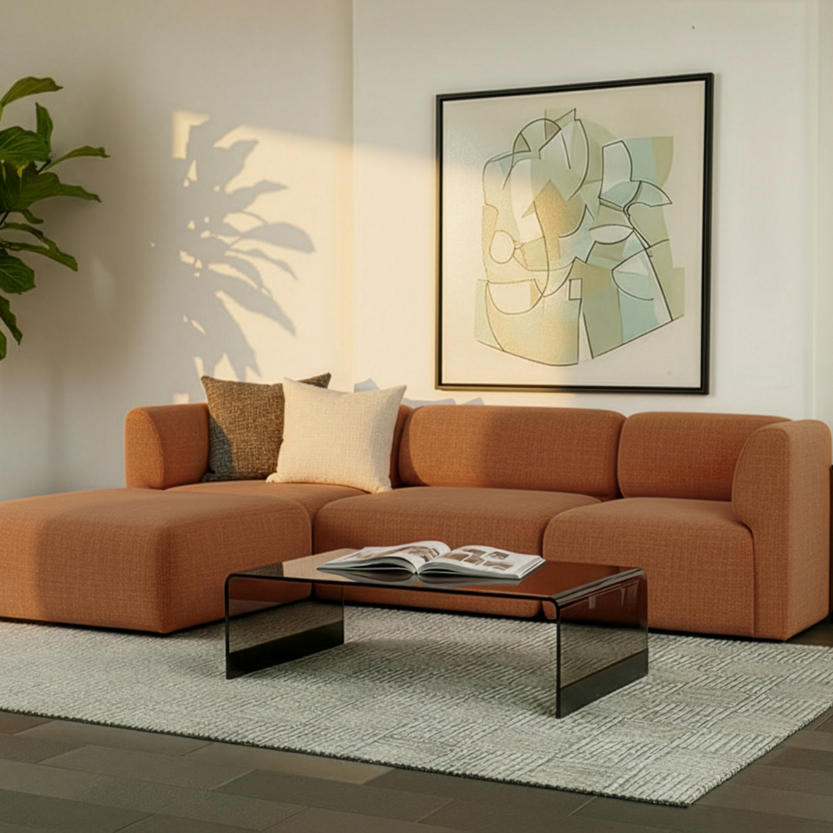 Fjord Sofa 3-seter med myke linjer og skandinavisk design i lyst stoff, innendørs bruk.