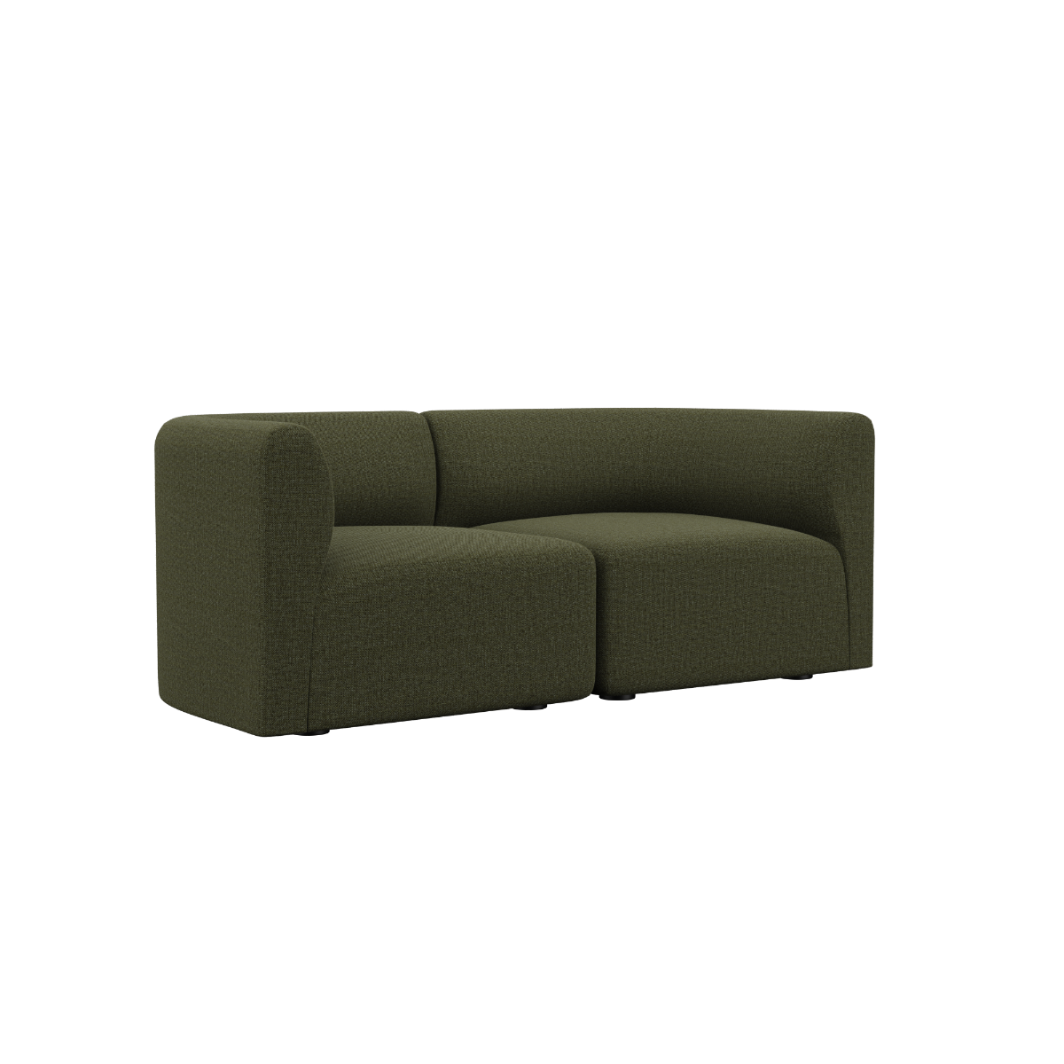 Fjord Sofa 2-seter i myk Cosmo Olive tekstil med avrundede kanter og modulær design.