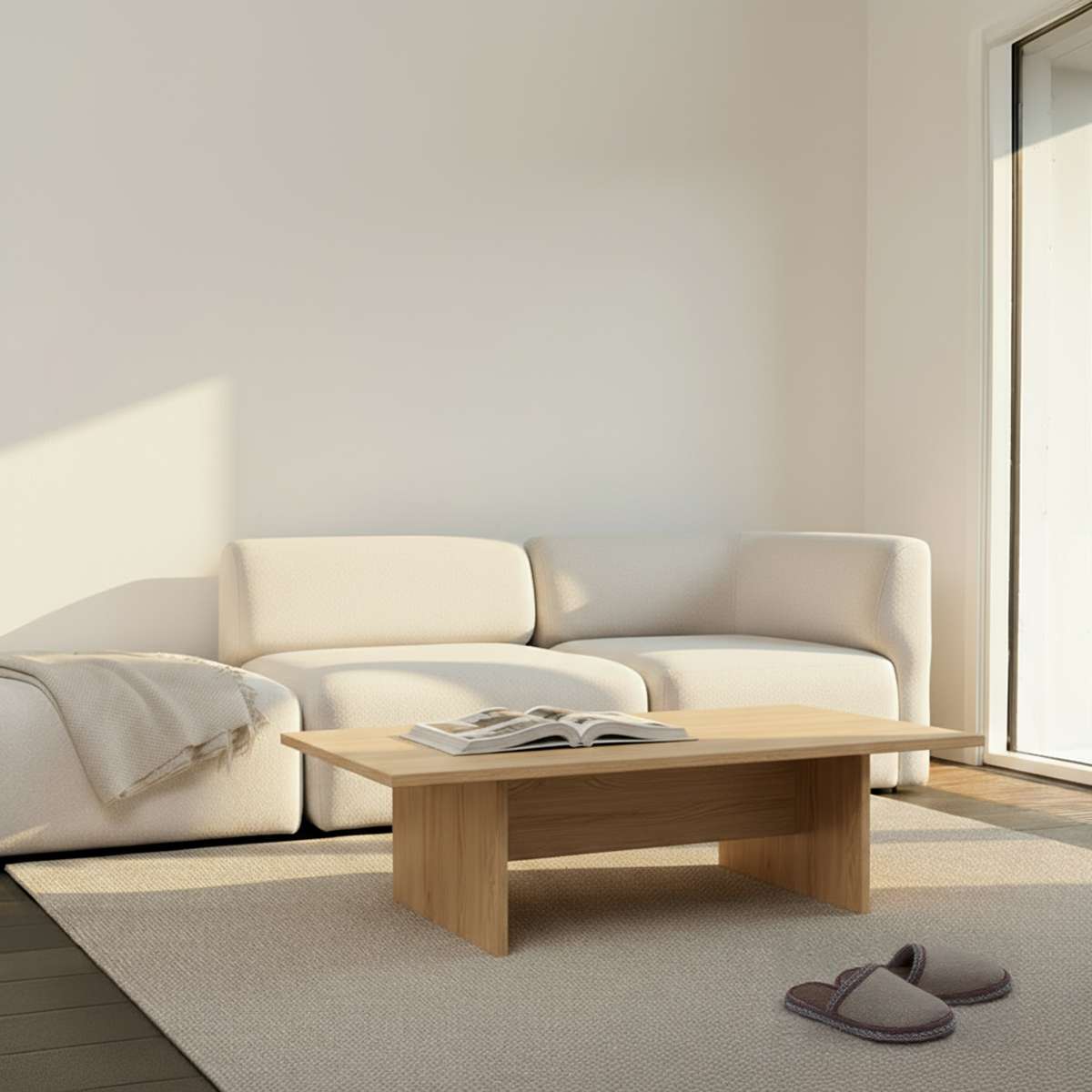 Fjord Sofa toseter med åpen ende i brun tekstil med myke linjer og skandinavisk design.