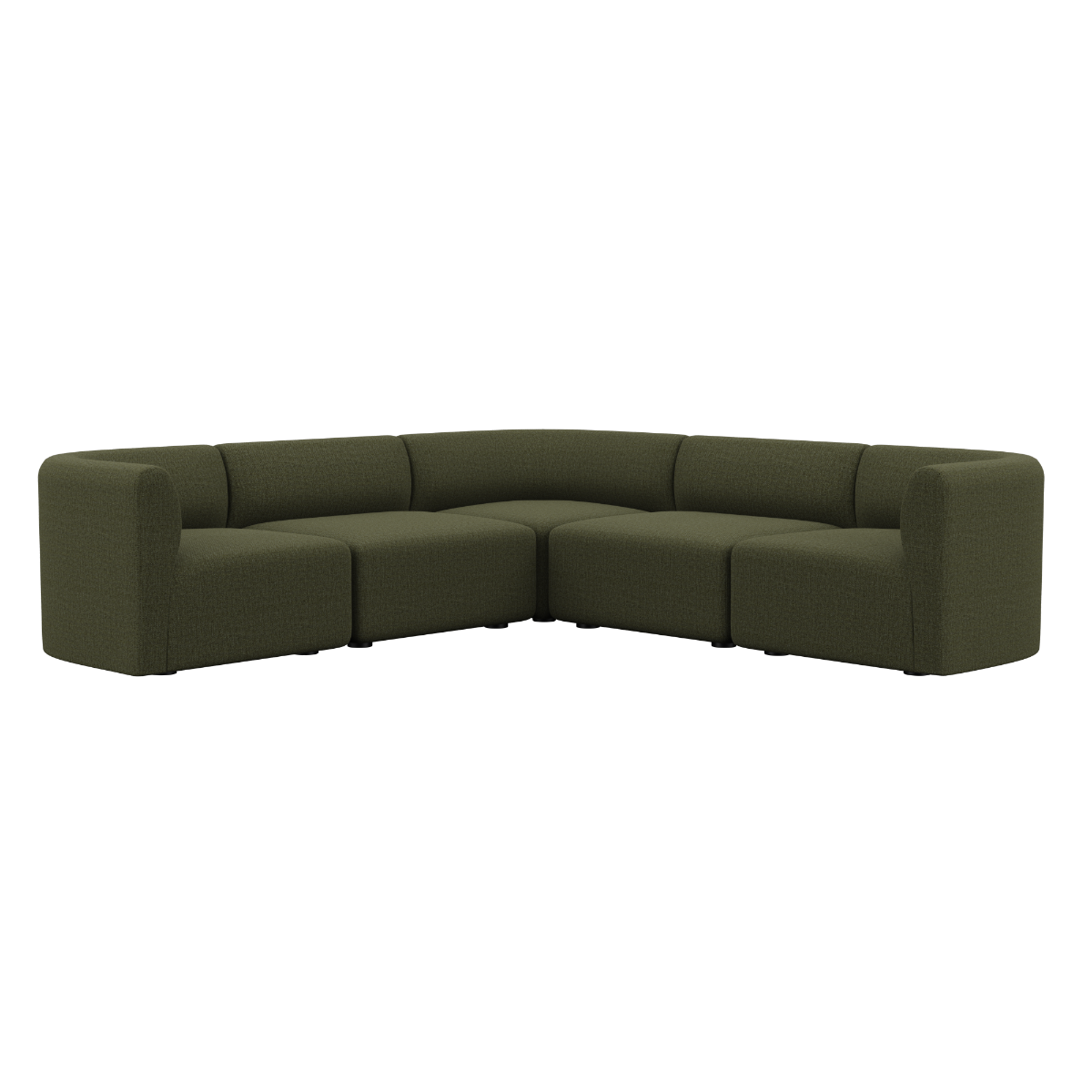 Fjord Sofa hjørnesofa i myk Cosmo Olive tekstil med avrundede kanter og skandinavisk design.