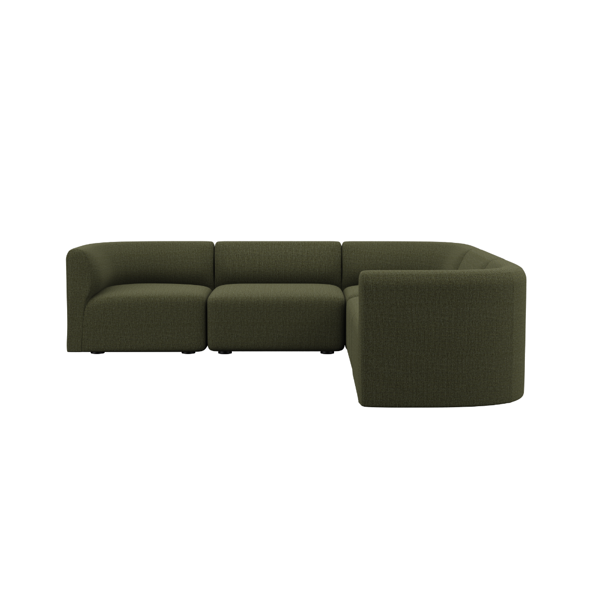 Fjord Sofa hjørnesofa i myk Cosmo Olive tekstil med avrundede kanter og skandinavisk design.