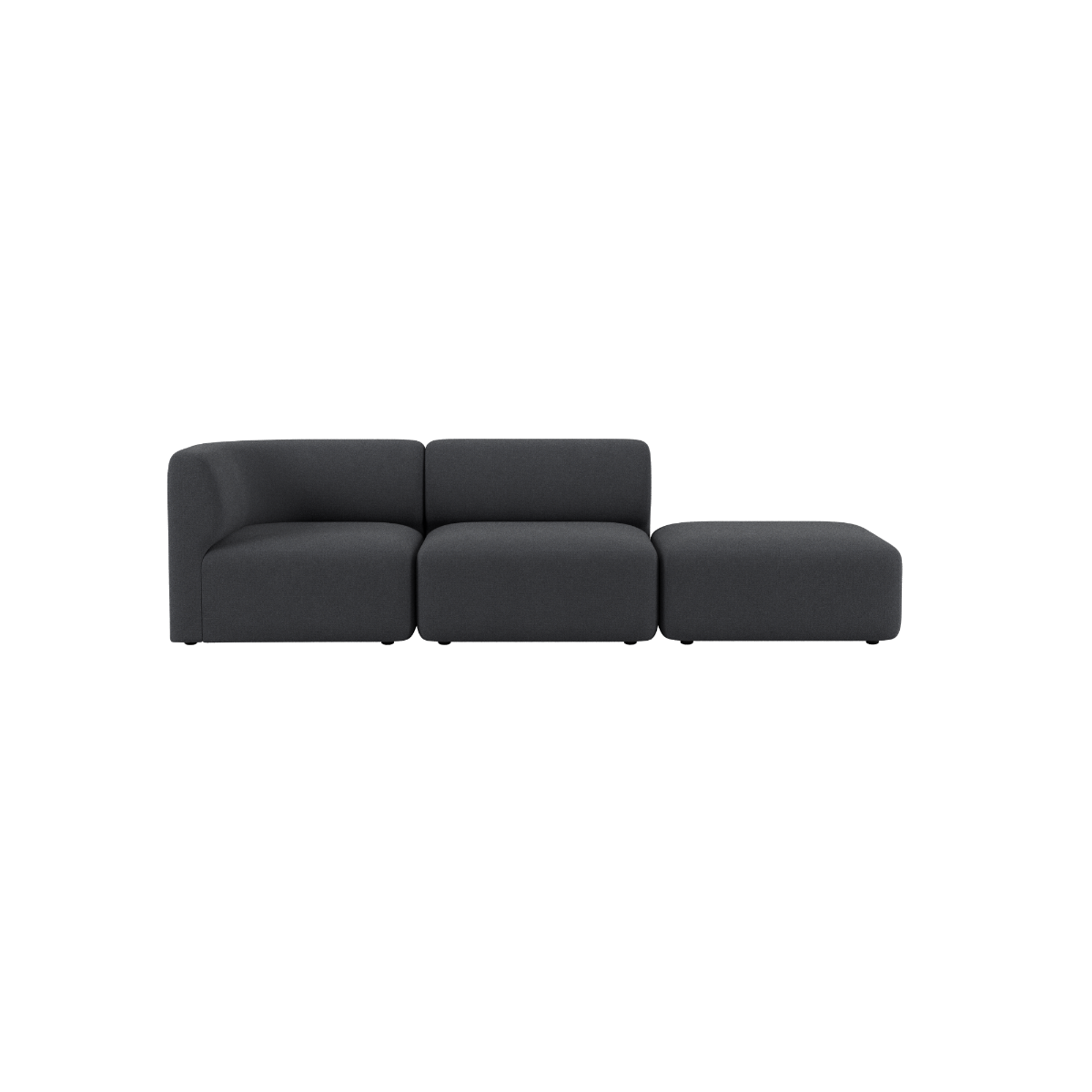 Mørkegrå Fjord sofa for to personer med åpen ende og myke avrundede former fra sackit. Skandinavisk design for et moderne hjem.