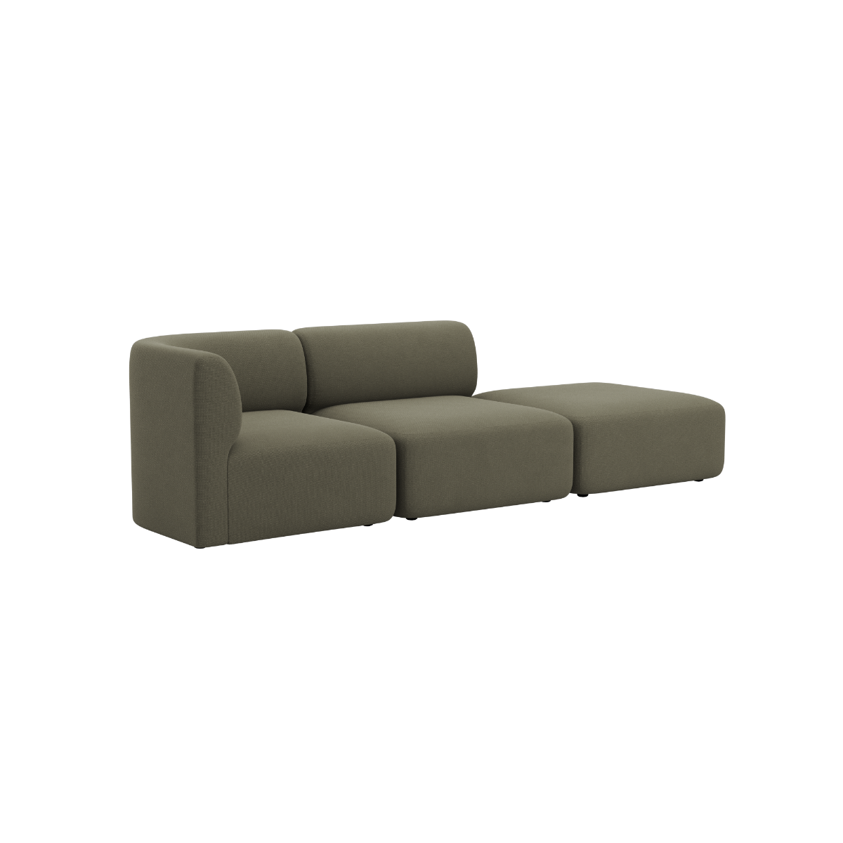 Olivengrønn modulsofa med to sitteplasser og åpen ende fra sackit med myke avrundede former og rolig skandinavisk design for hjemmet