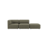 sackit Fjord sofa i olivengrønt stoff med to sitteplasser og åpen ende vist mot svart bakgrunn