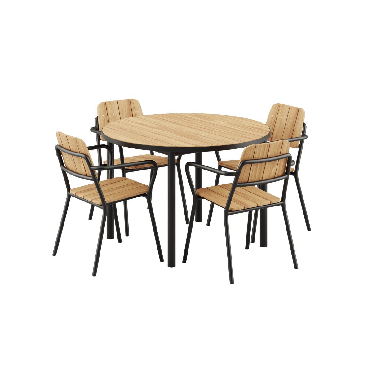 Kirra Dining Table Ø110 with four Noir Kirra Patio Chairs in powder-coated aluminum and teak outdoors.