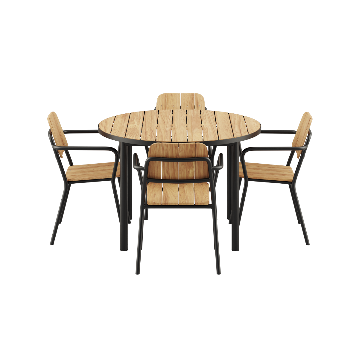 Rundt Kirra Dining Table Ø110 med keramisk bordplate og 4 Kirra Patio Chairs i svart farge.