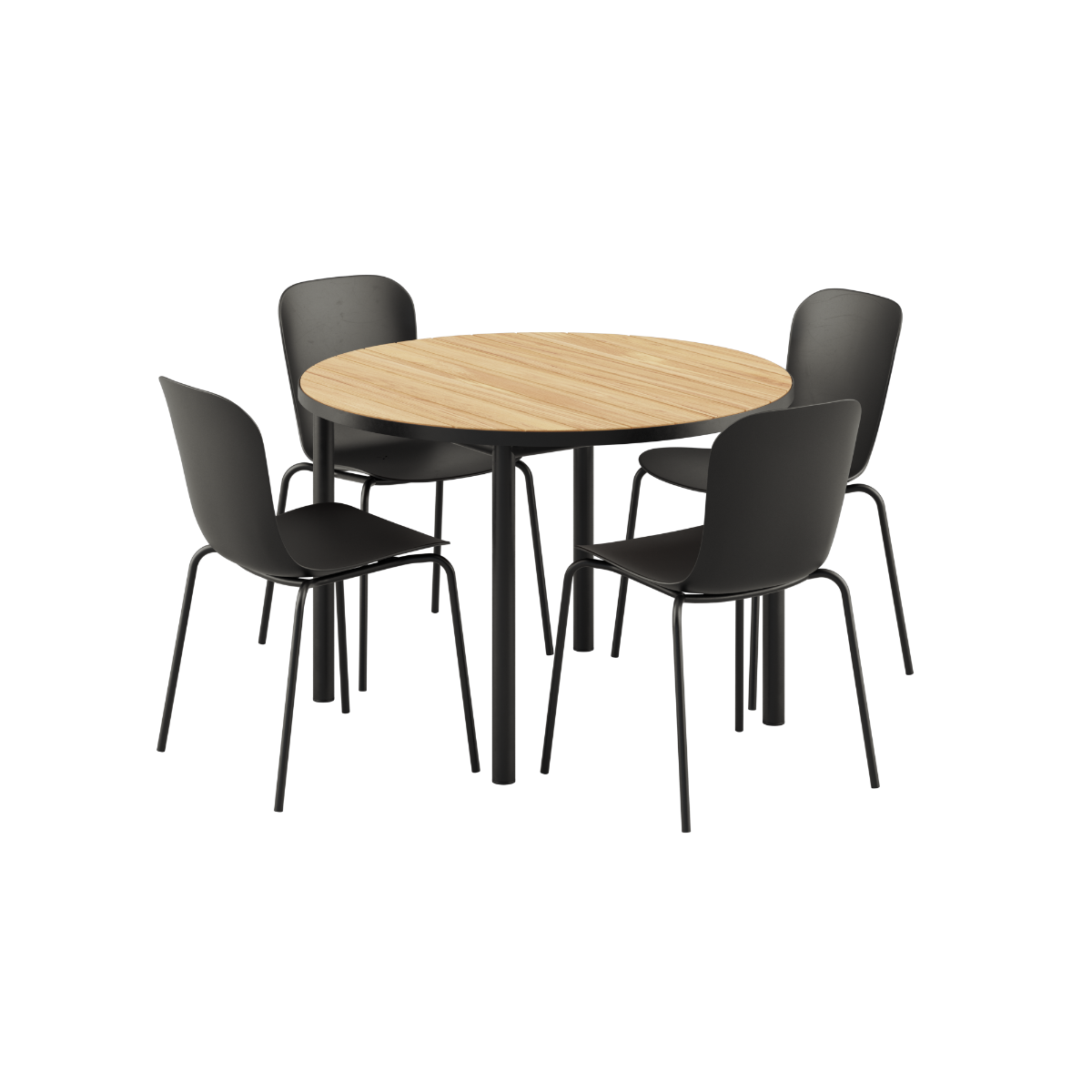 Rundt Kirra Dining Table Noir med keramisk bordplate og 4 Patio Chair No. One S1 i svart.