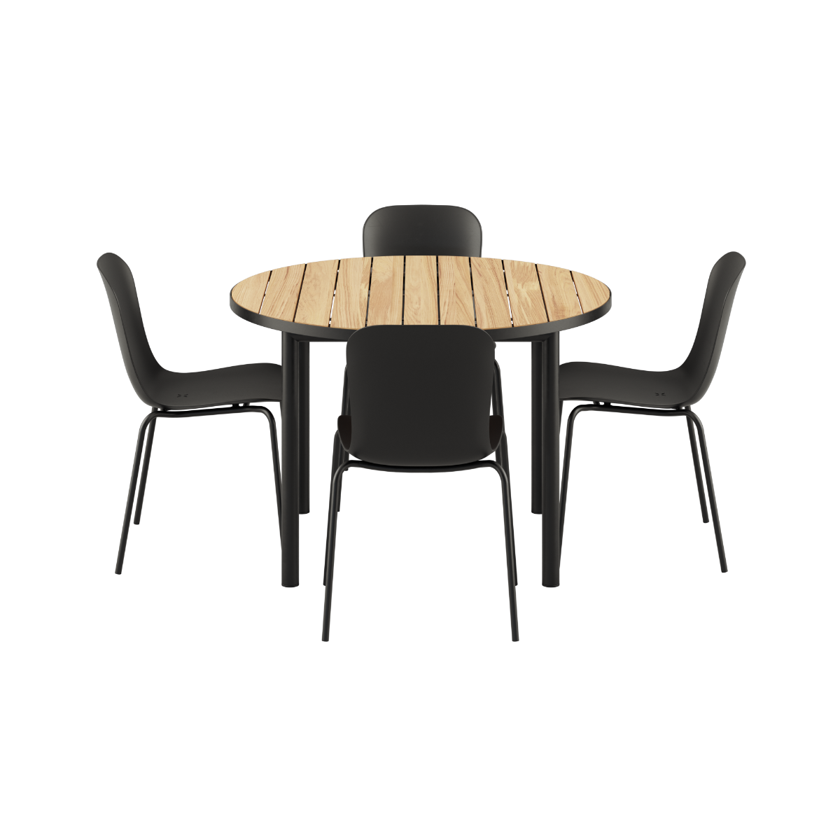 Rundt Kirra spisebord med keramisk bordplate og fire Patio Chair no. One S2 stoler i olivengrønn og svart.