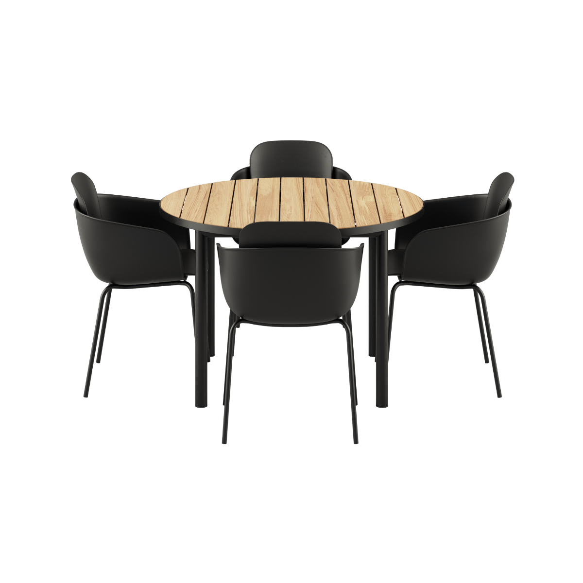 Rundt Kirra spisebord med teak bordplate og fire Patio Chair no. One S2 stoler i olive og noir farger.