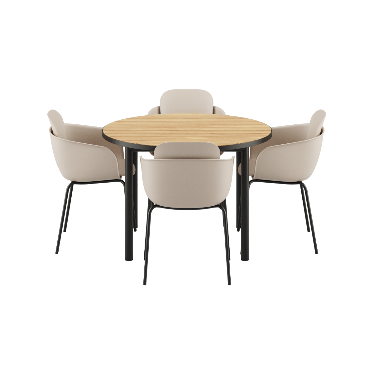 Rundt Kirra Dining Table Noir med keramisk bordplate og 4 Patio Chair no. One S2 i olive/noir farge.