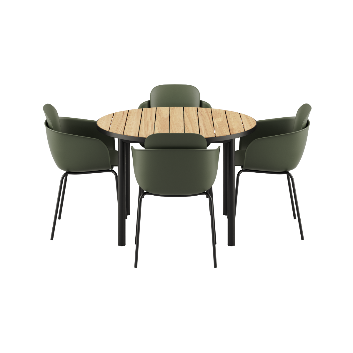 Rundt Kirra Dining Table Ø110 med keramisk bordplate og fire Patio Chair no. One S2 i olive og noir farger.