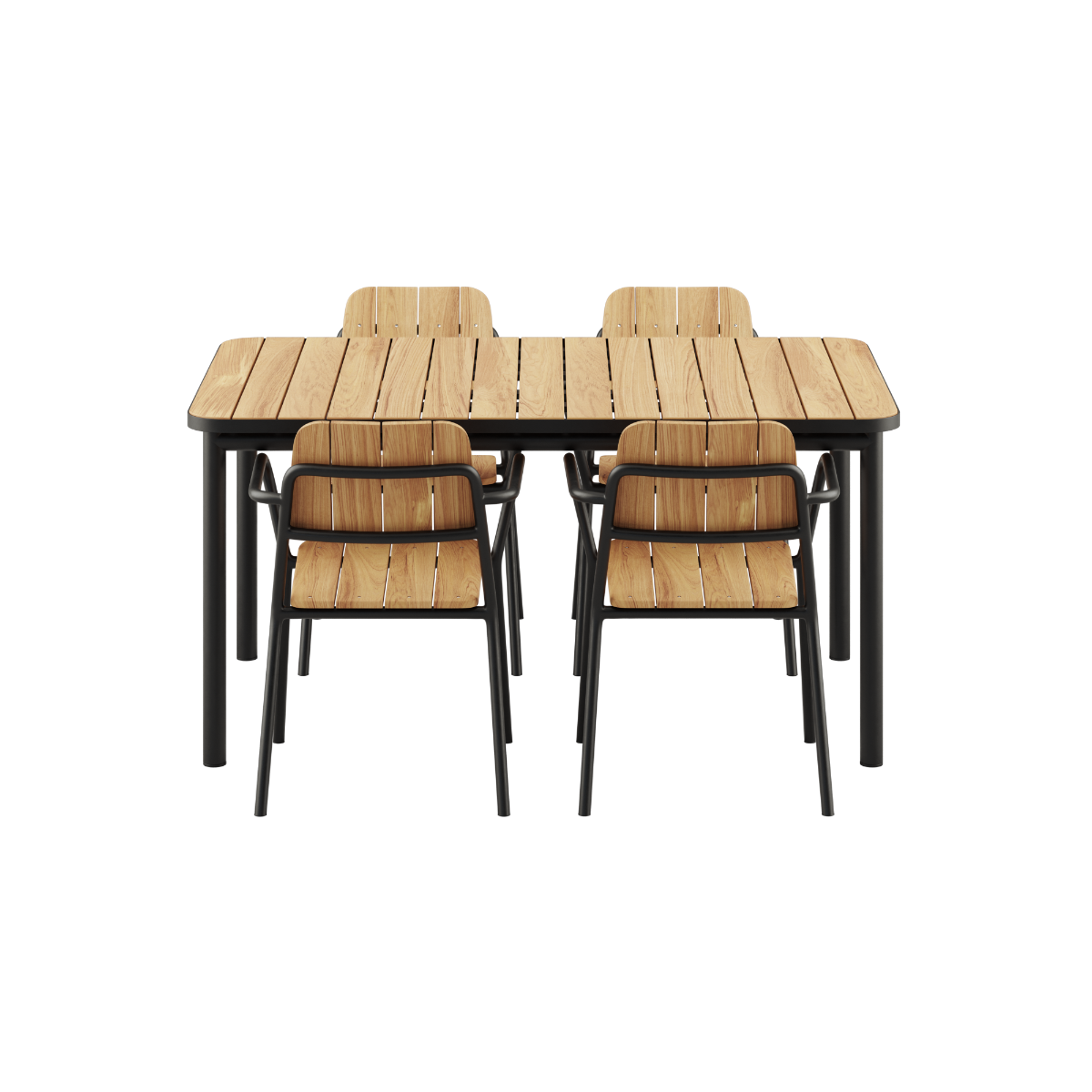 Kirra Dining Table 150x90 med Noir Patio Chair no. One S1 i svart pulverlakkert aluminium og teak