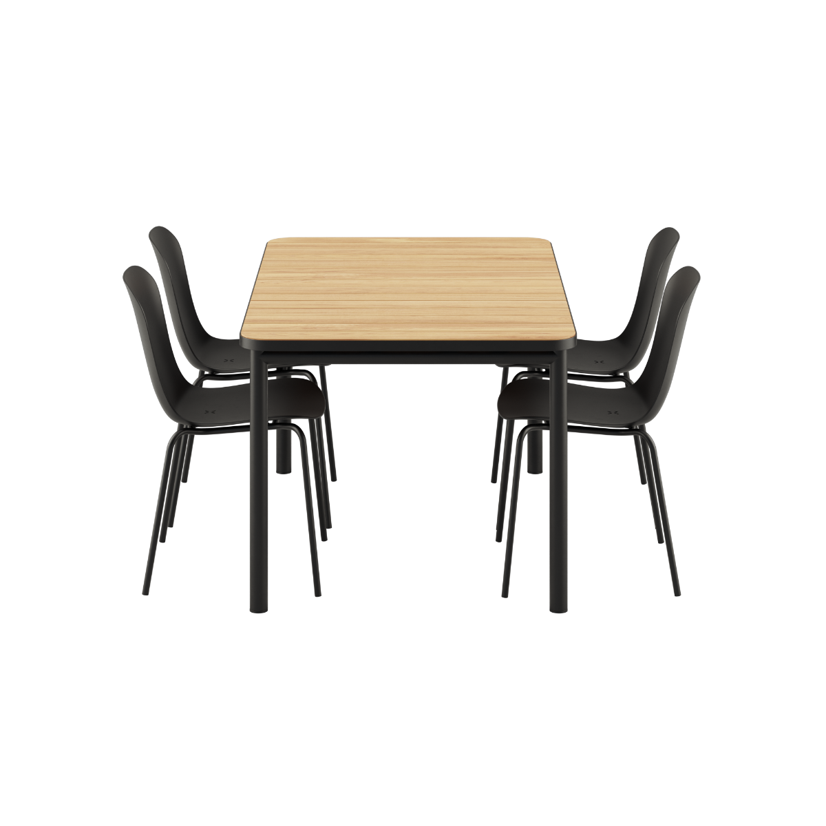 Kirra Dining Table 150x90 med Noir Patio Chair no. One S1 stoler i svart aluminium og teak.
