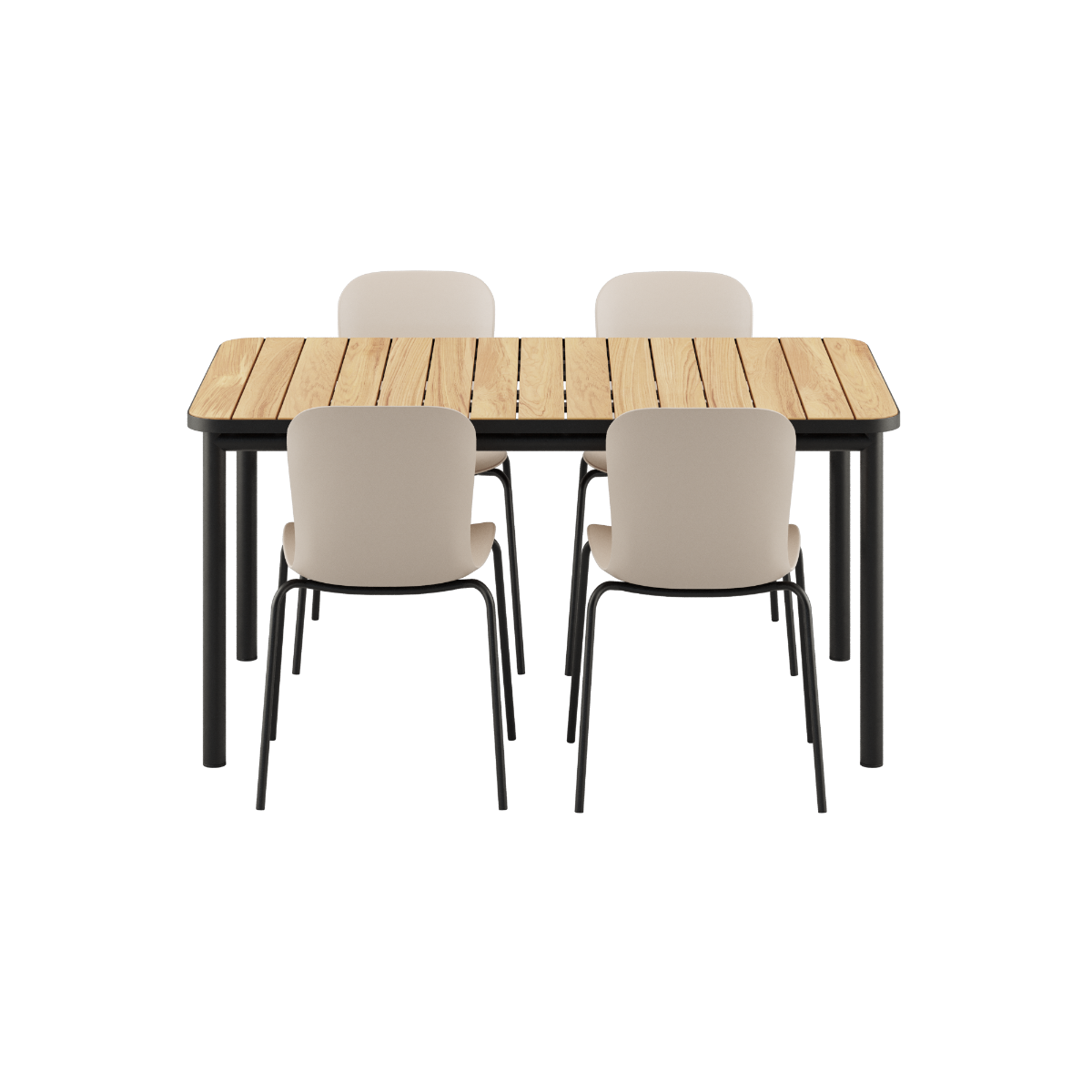 Kirra Dining Table 150x90 med Noir Patio Chair no. One S1 i svart pulverlakkert aluminium og teak.