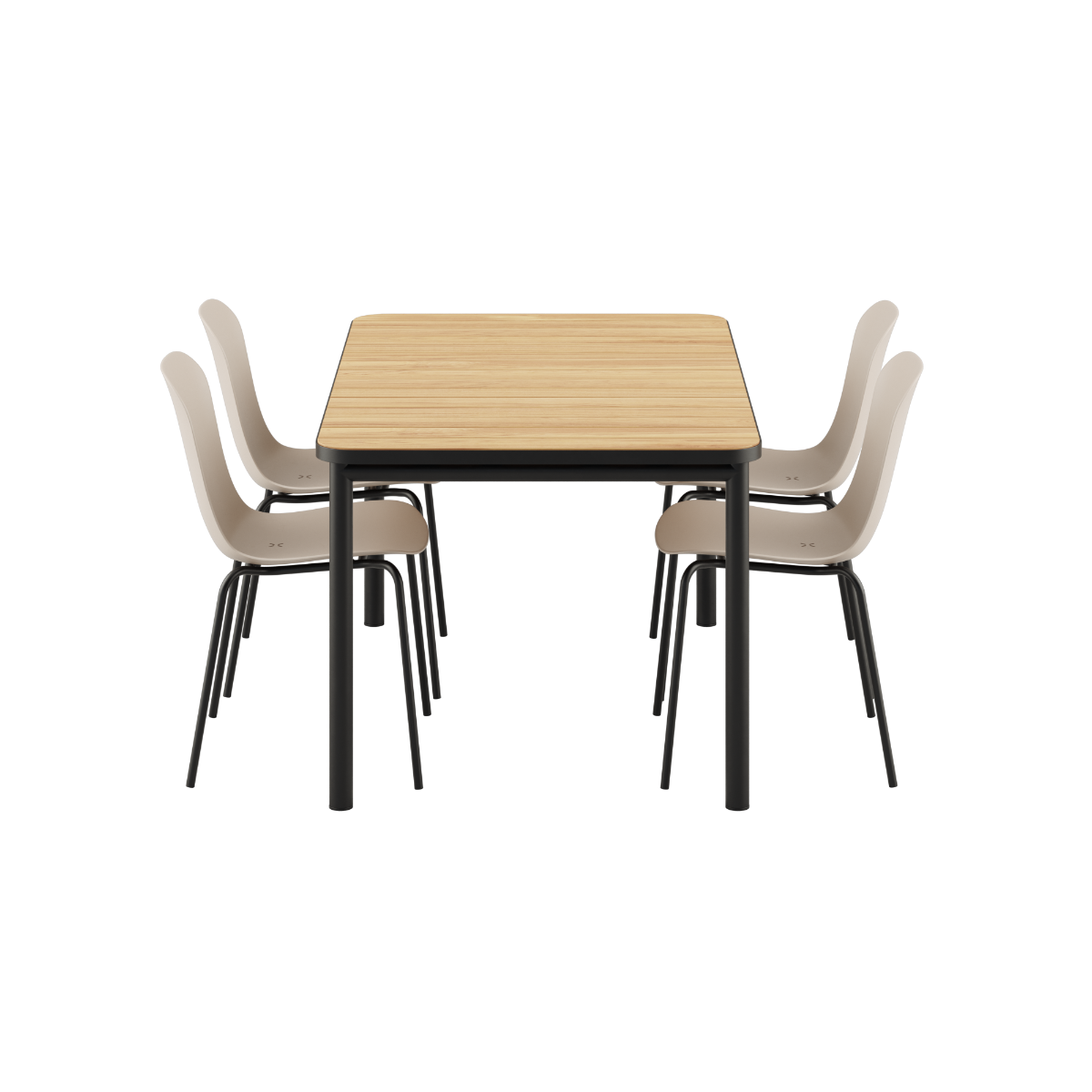 Kirra Dining Table 150x90 med Noir Patio Chair no. One S1 stoler i svart, utendørs spisebordsett.