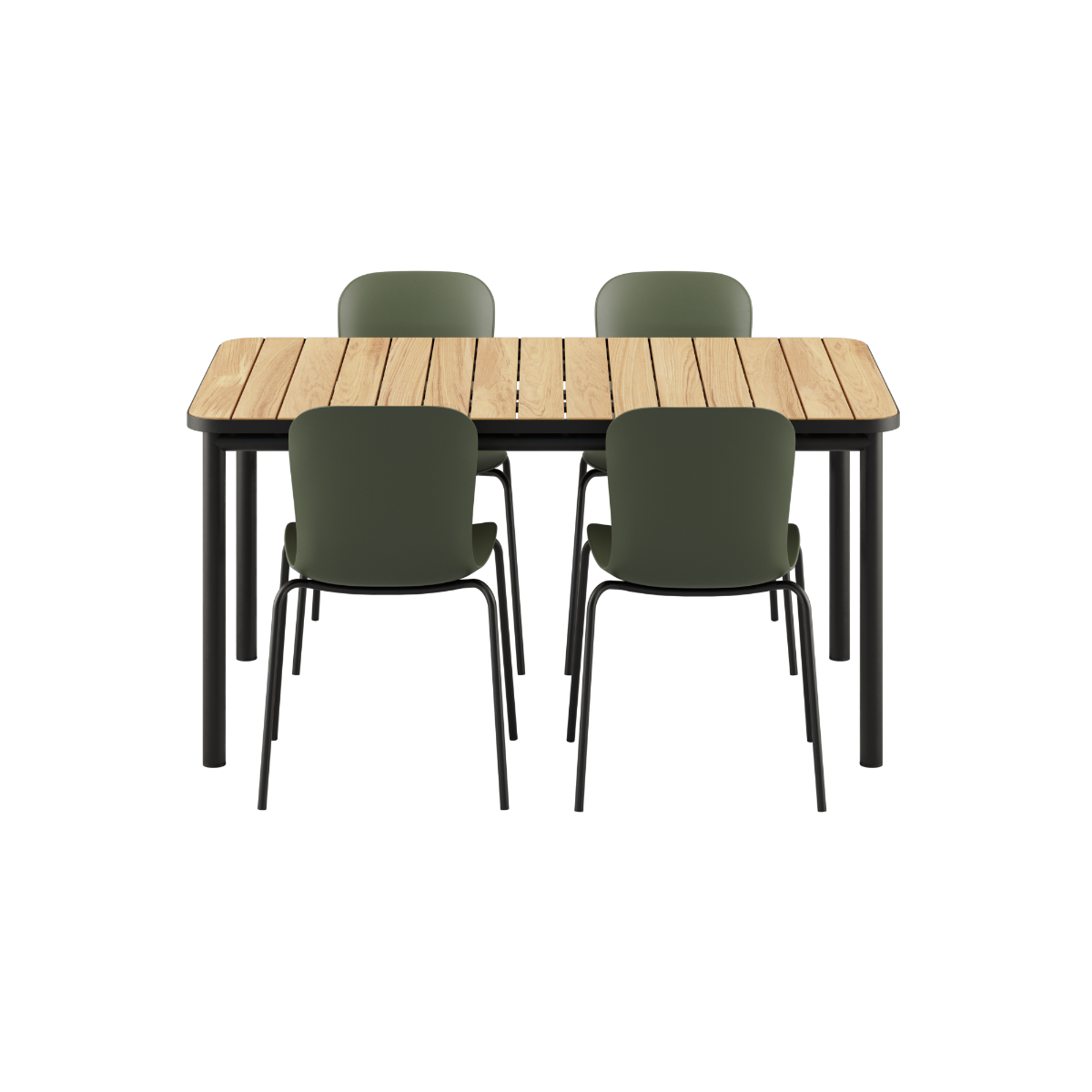 Kirra Dining Table 150x90 med keramisk bordplate og fire Noir Patio Chair no. One S1 stoler i Noir farge.