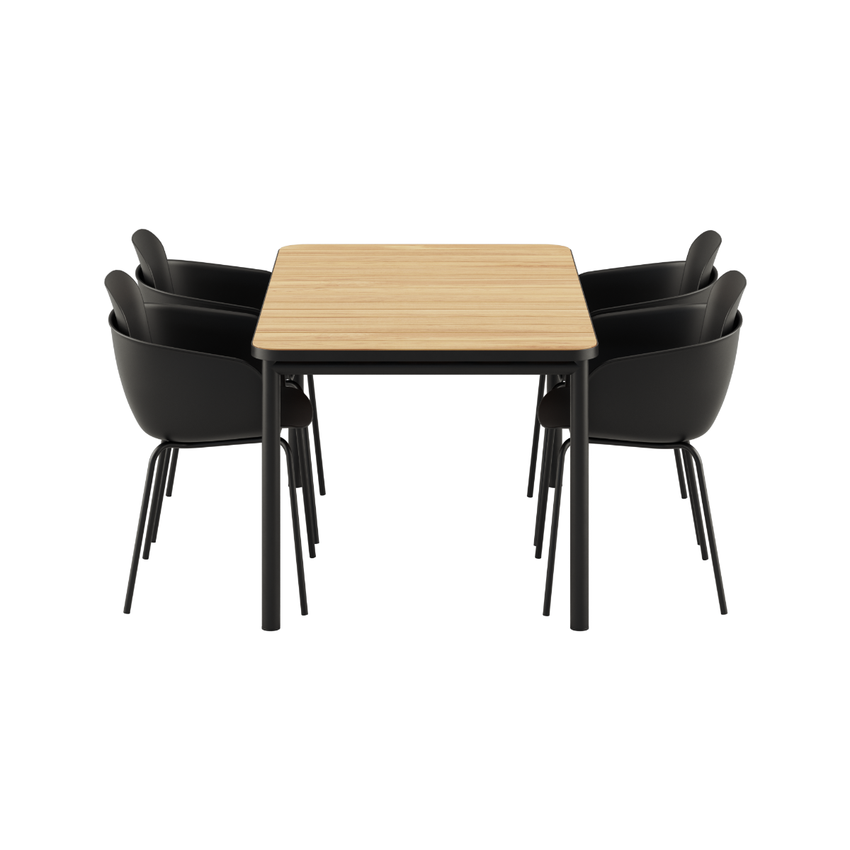 Kirra Dining Table 150x90 med svart Patio Chair no. One S1-stoler i svart, utendørs spisebordsett.