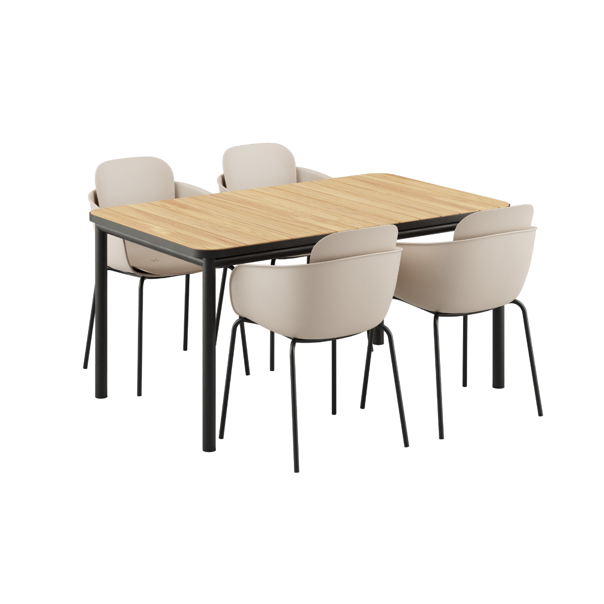 Kirra Dining Table 150x90 med svart Patio Chair no. One S1 stoler i sort farge, utendørs spisebordsett.