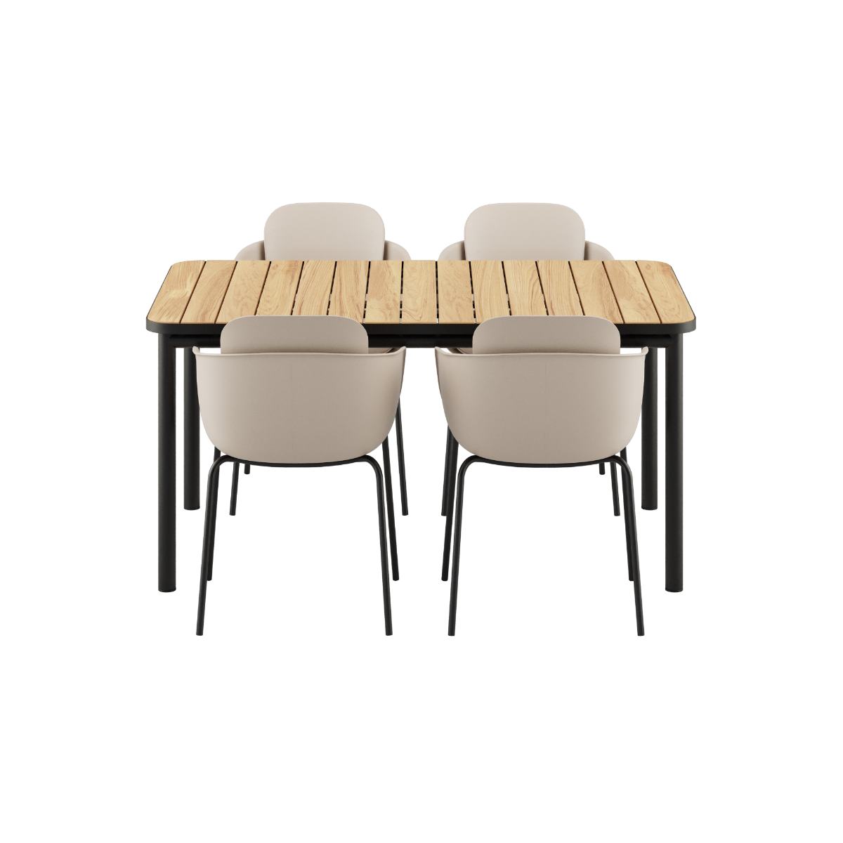 Svart Kirra Dining Table 150x90 med fire svarte Patio Chair no. One S1 stoler i aluminium og teak