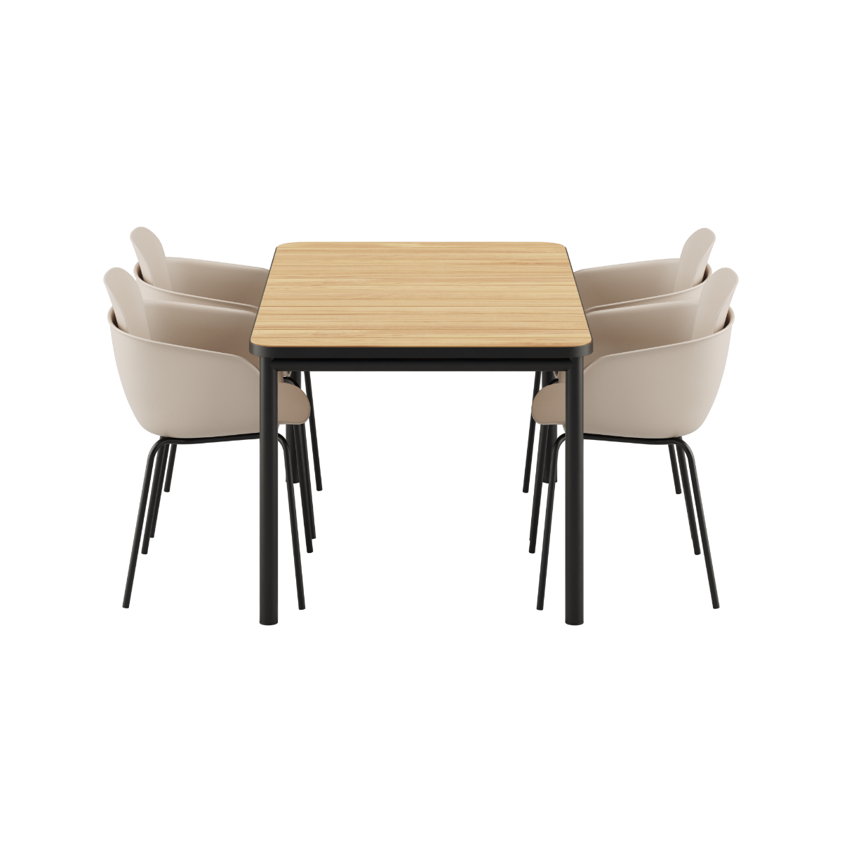 Kirra Dining Table 150x90 med svart Patio Chair no. One S1 stoler i svart, utendørs spisebordsett.