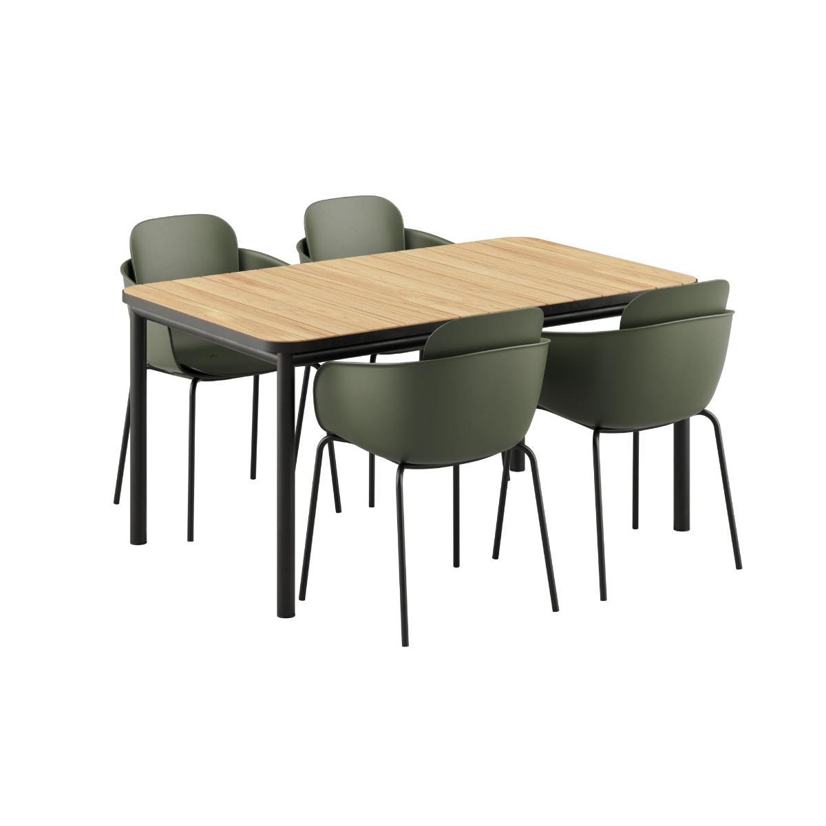 Kirra Dining Table 150x90 with Noir Patio Chair no. One S1 chairs in black aluminum and teak outdoors set