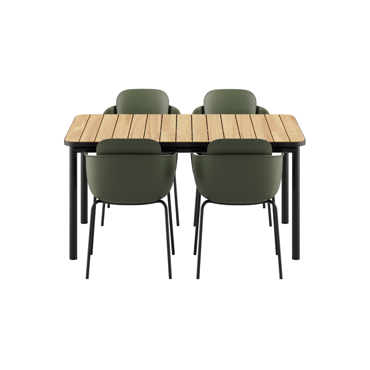 Kirra Dining Table 150x90 med svart Patio Chair no. One S1 stoler i svart, utendørs spisebordsett.