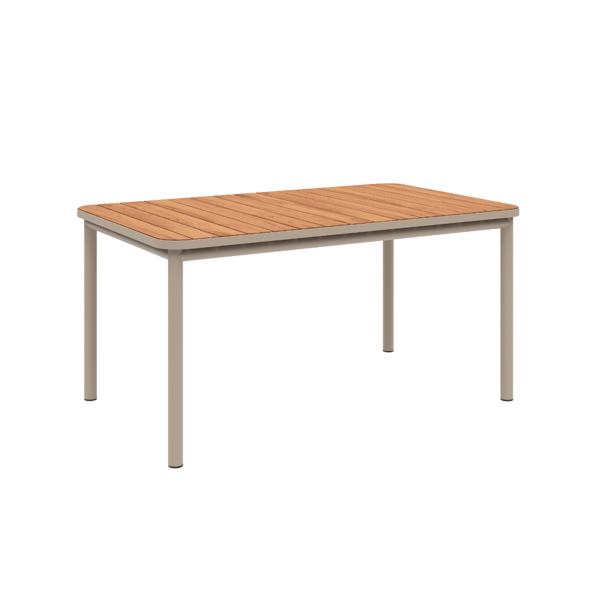 Kirra Dining Table 150x90 i taupe pulverlakkert aluminium med ubehandlet teaktre, utendørs spisebord.